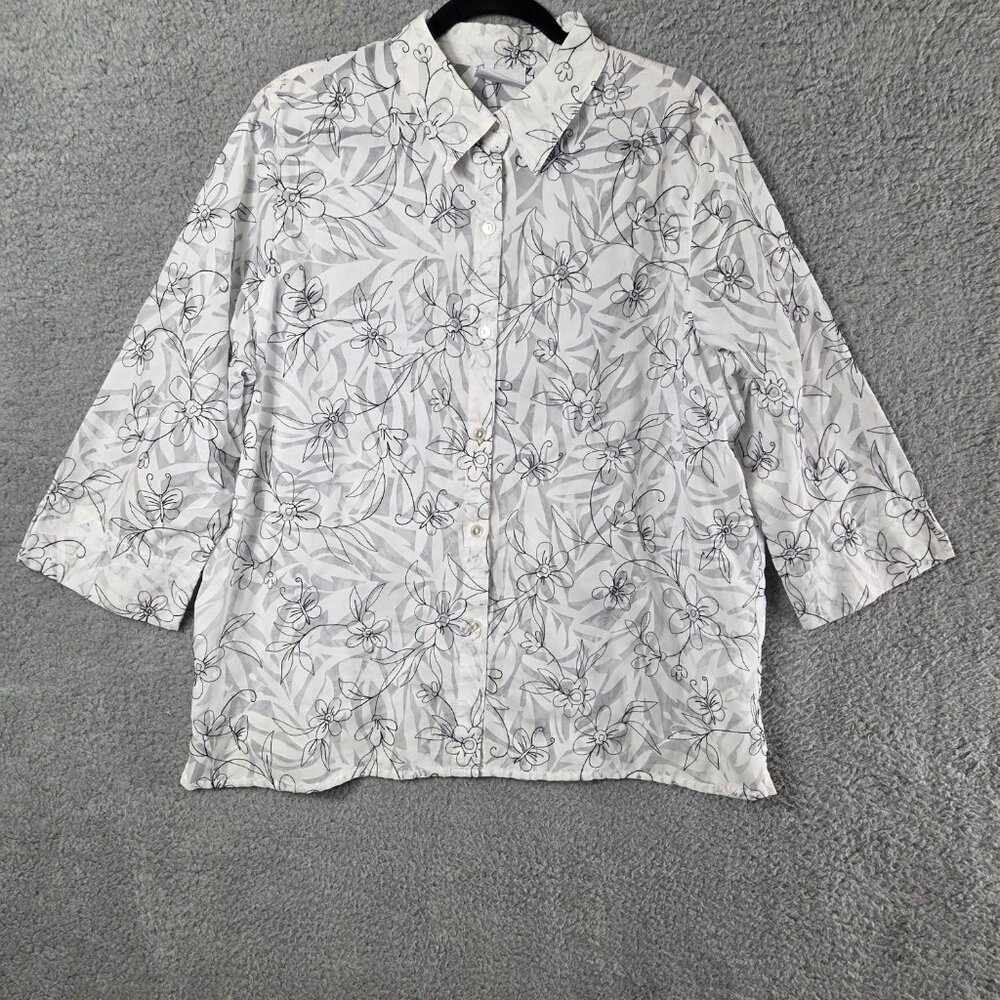 ALFRED DUNNER Floral Blouseā Semi Sheer Top 18 White Black Boho Office Siren
